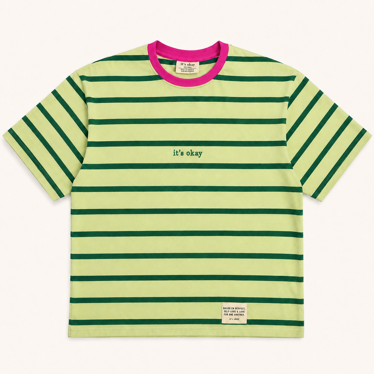 Striped shirt with green and yellow horizontal stripes on a white background
