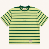 Green and yellow striped t-shirt with 'it's okay' text on a white background