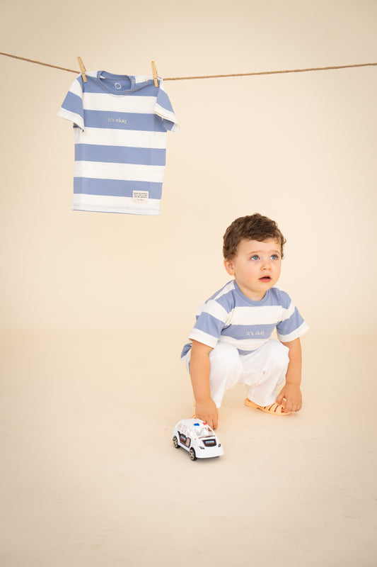 TINY STRIPED T-SHIRT- BLUE/ ECRU