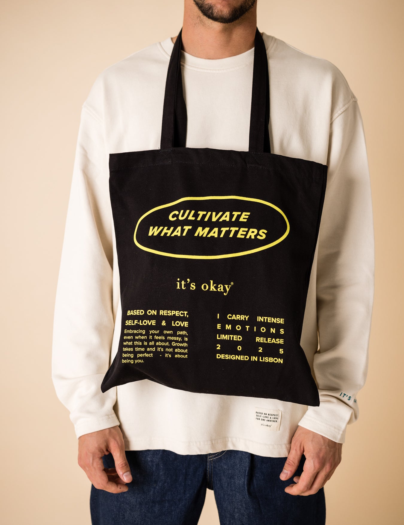 organic tote bag cultivate what matters, screenprinting, black and yellow