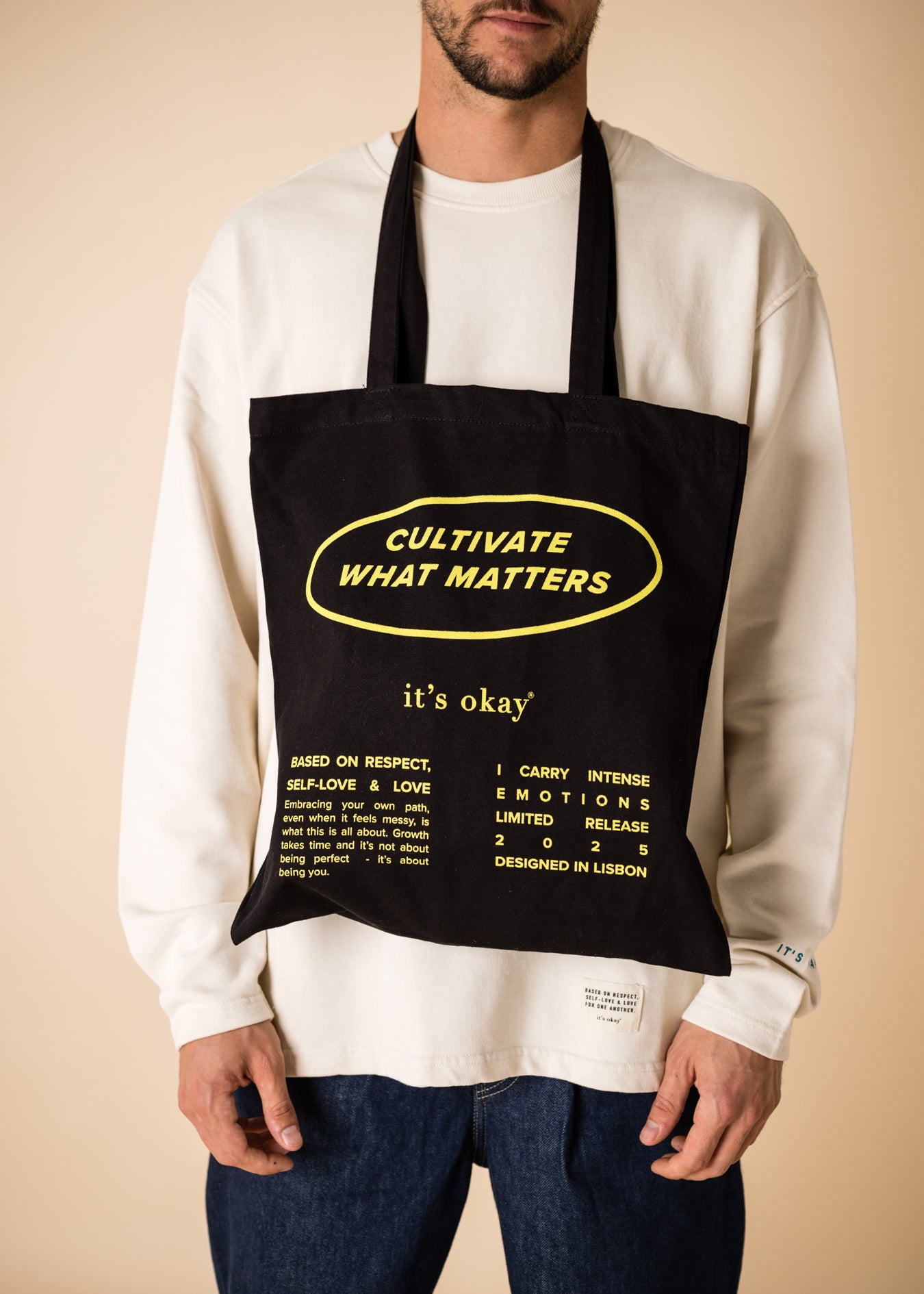 organic tote bag cultivate what matters, screenprinting, black and yellow