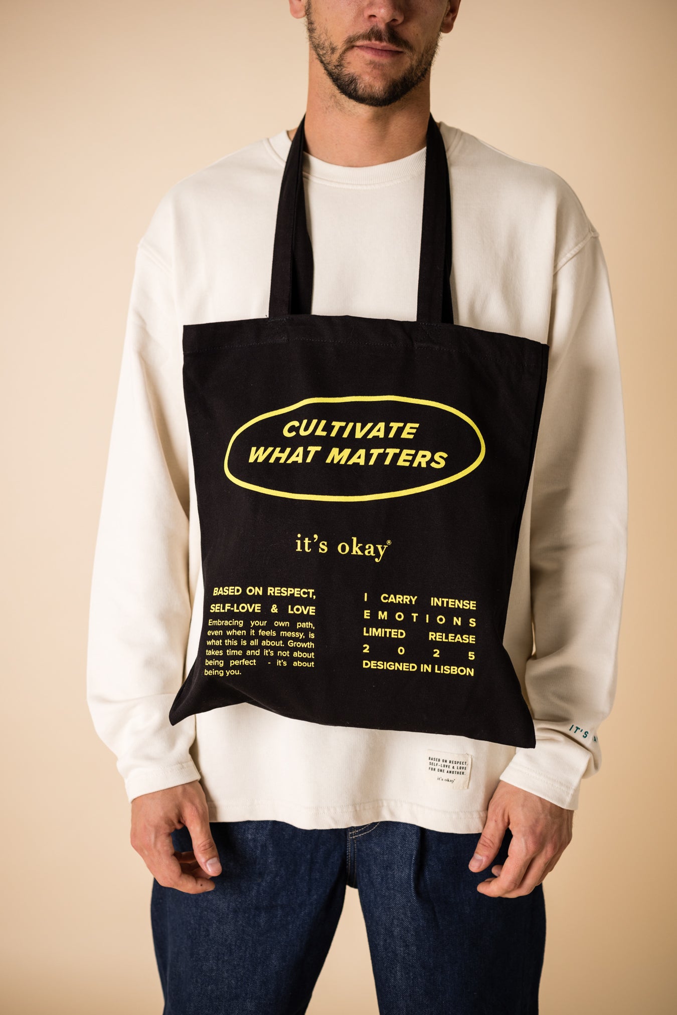 organic tote bag cultivate what matters, screenprinting, black and yellow