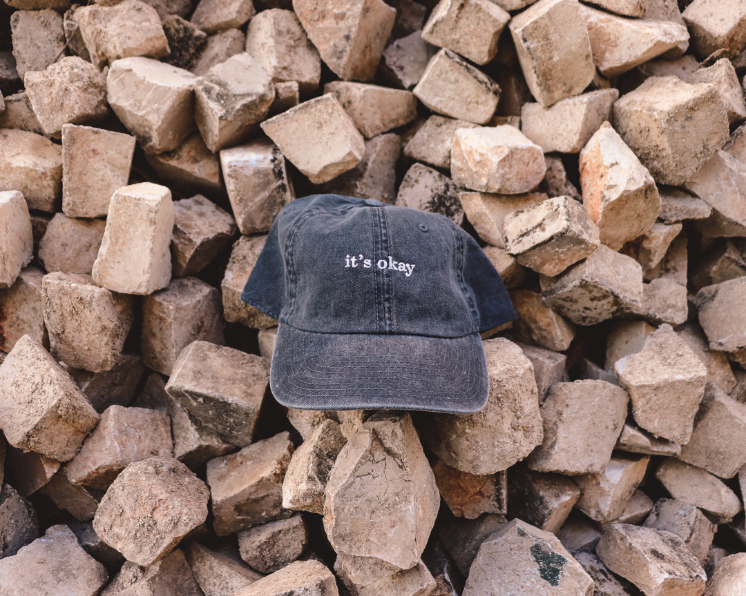 Blueberry cap, 100% cotton, vintage look, embroidered. it's okay to be exactly who you are. From Portugal with love.  Boné de pala azul de algodão bordado em Portugal. Photography: blueberry cap on traditional portuguese sidewalk.