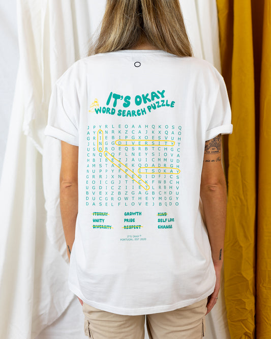 It's okay word puzzle t-shirt - wear it with pride. Find all the words!  This tee will give you confidence and strength. Organic cotton, exclusive design made in Portugal, screen printed. (Pt. t-shirts algodão orgânico com serigrafia. produzida em portugal. design exclusivo. Esta t-shirts transmite confiança e força a quem a utiliza.