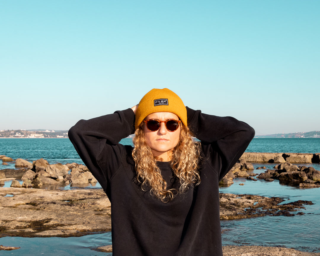 yellow Beanie from It's okay | design in Portugal with love | feel cozy and warm with this knitted beanie | gorro feito em Portugal, wear it with pride