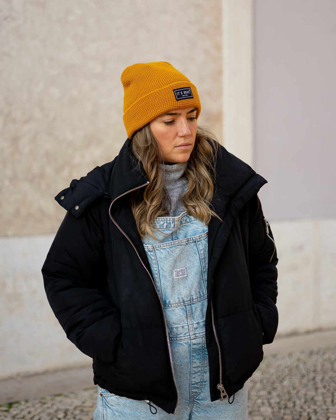 yellow Beanie from It's okay | design in Portugal with love | feel cozy and warm with this knitted beanie | gorro feito em Portugal, wear it with pride